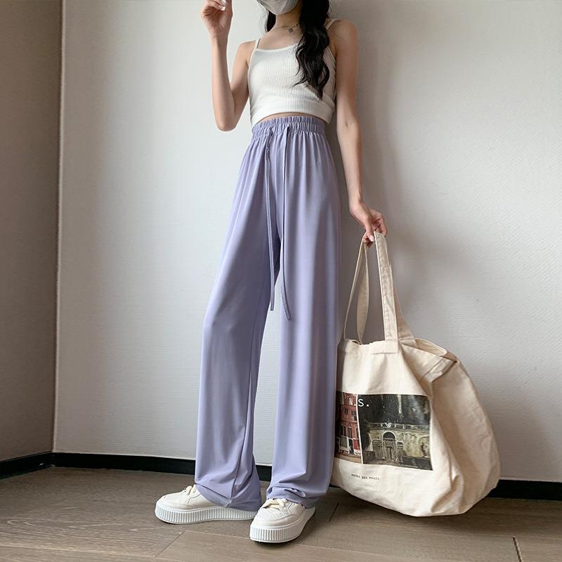 Ice Silk Sunscreen Wide-leg Pants Women's Summer Thin Drawstring Quick-drying Straight Casual Pants Drape Thin Cool Sunscreen Pants