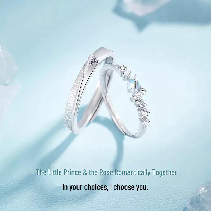 The Little Prince Rose Moonstone Couple Rings – Matching Rose Flower Rings for Women, Birthday Gift.