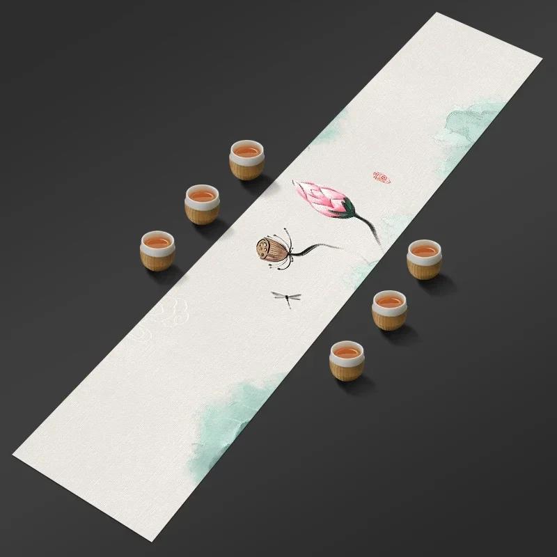 Chinese Lotus Pattern Table Runner Water-Repellent Coffee Table Cloth Decorative Cotton Linen Tea Mat Tea Ceremony Accessories
