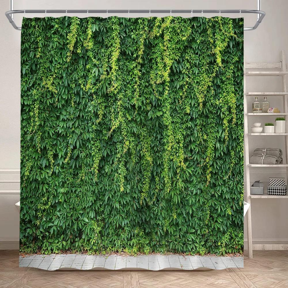Green Ivy And Old Stone Of Wall Shower Curtain Nature Bathroom Extra Long Waterproof Washable Polyester Fabric For Bathtub Decor