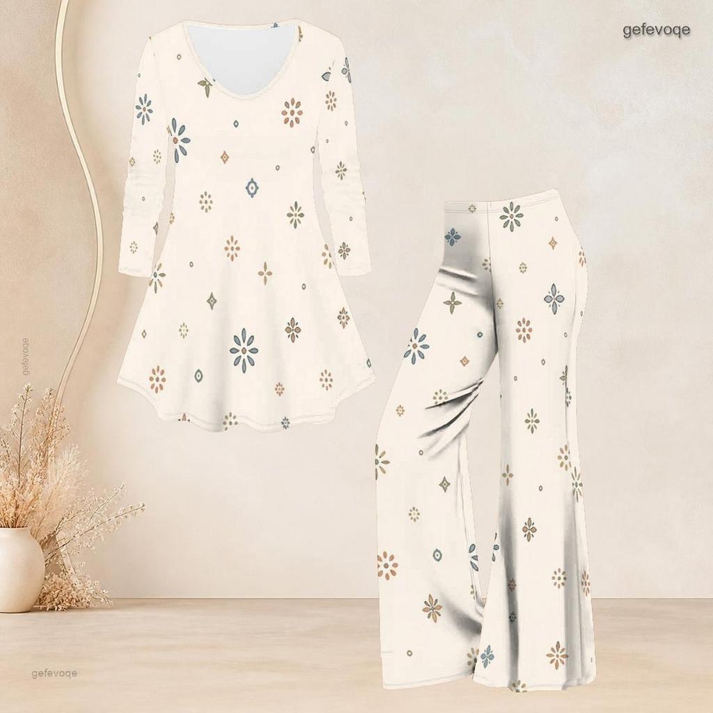Women Plus Size V Neck Three Quarter Sleeve Plaid Printed Tunic Top Flared Pants Two Piece Set