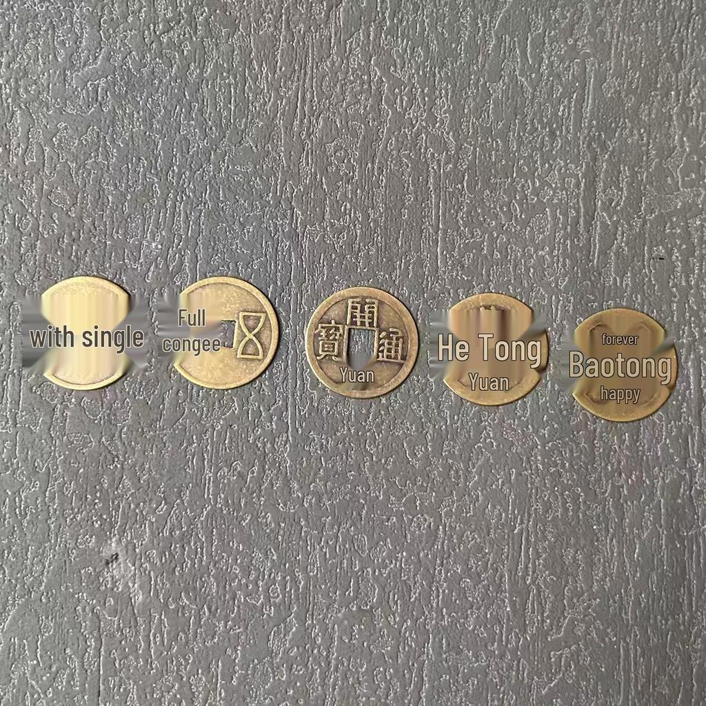 Great Five Emperors Antique Coin Charms: Copper Imitations of Liang, Wu Zhu, Kaiyuan, Song, Yuan, and Yongle Tongbao Coins.