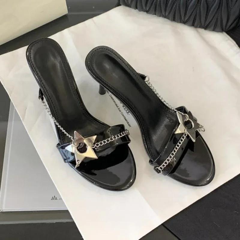 

Fashion Metal Chain Design Sexy Heeled Slippers Sandals Women Summer Slides Dress Shoes Luxury Brand Designer Heels Sandalias 35 чёрный