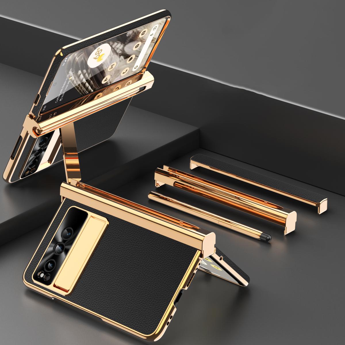 

Для Google Pixel Fold Чехол для телефона из ПУ кожи+ПК Магнитная крышка с двойным шарниром и подставкой с защитной пленкой из закаленного стекла+стилусом Black