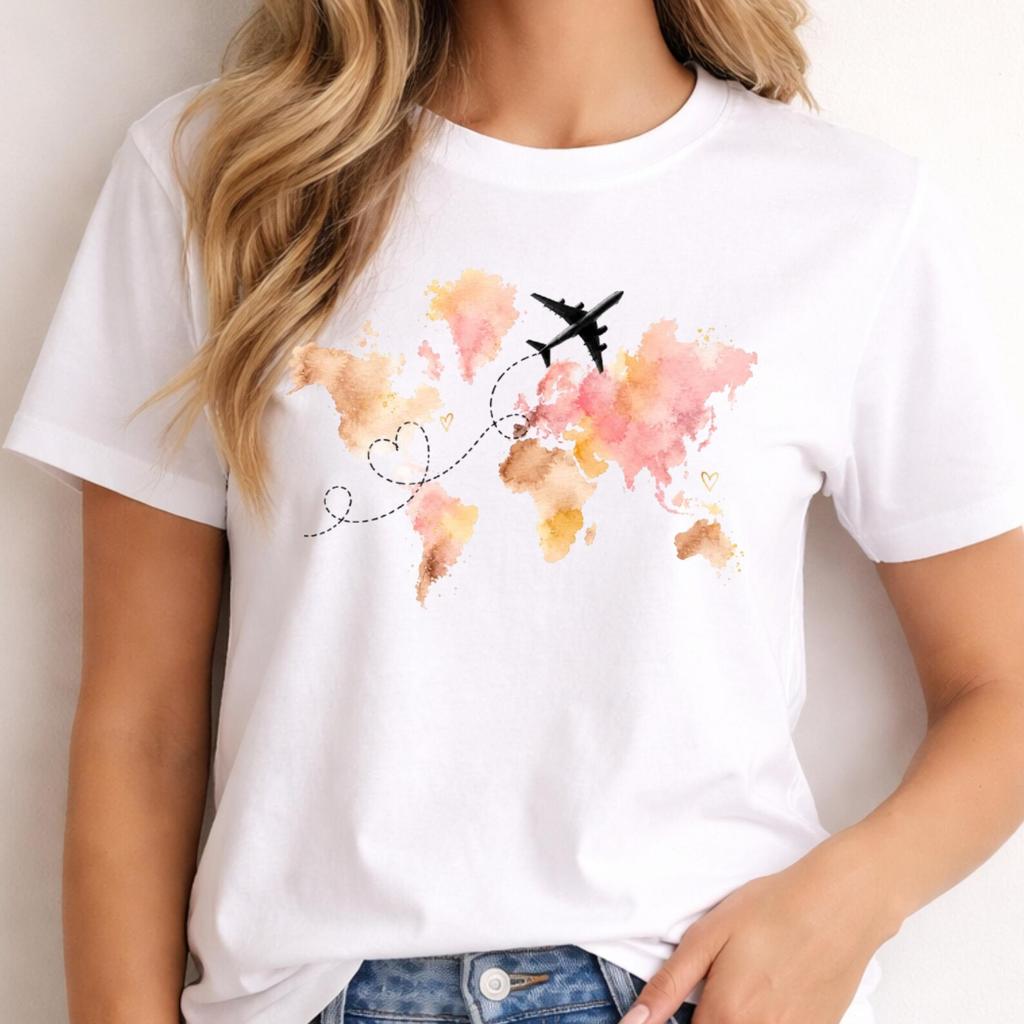 Comfort Colors Travel Lover Shirt, Watercolor World Map Tee, Wanderlust T-Shirt, Adventure Awaits Shirt, Traveler Gift, Airplane Route Tee