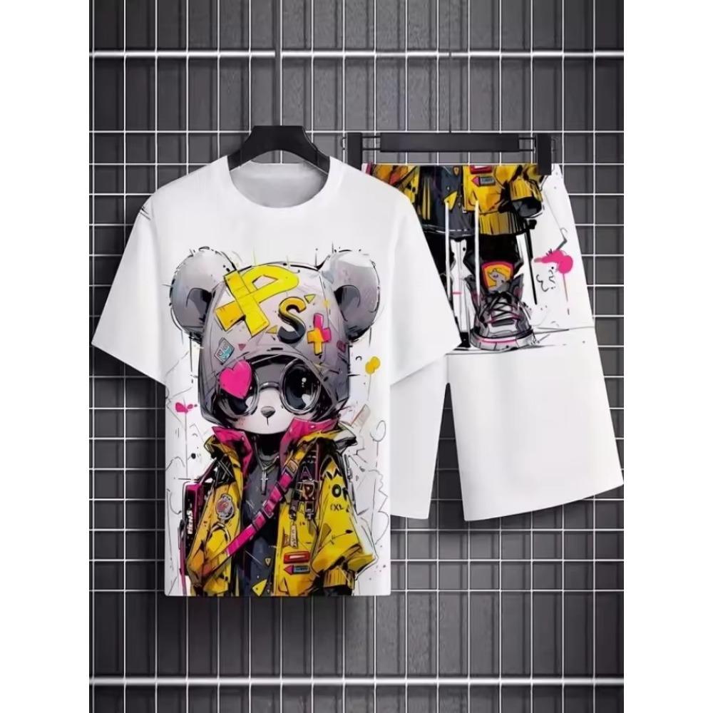 Lion Graphic Print T-shirt Shorts 2-piece Set Men's Short Sleeve Drawstring Waist Shorts Set Breathable Men's T Shirts Clothing