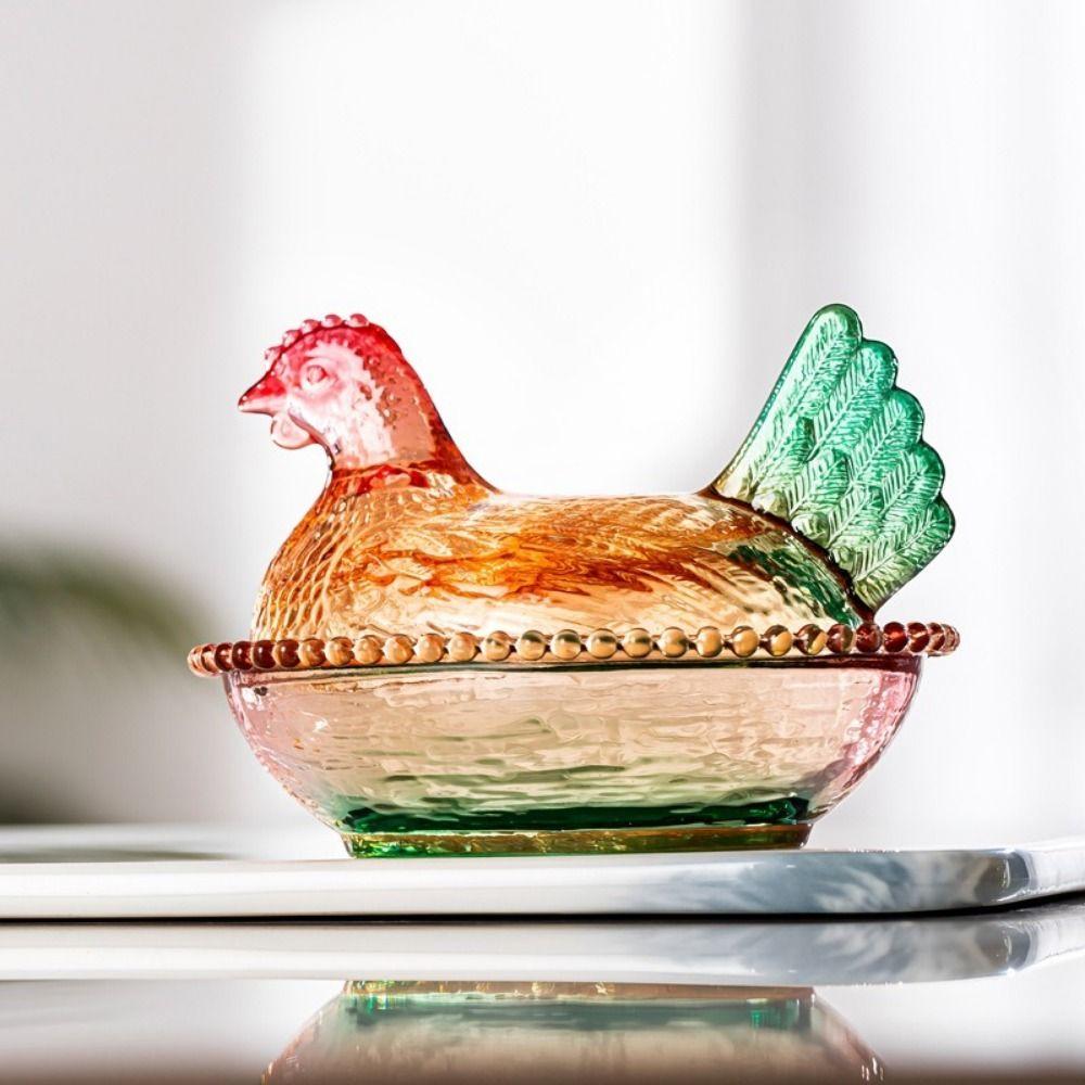 Cute Glass Chicken Shaped Storage Jar Smooth Color Decorative Hen on Nest Candy Dish with Lid Thickening Hen Candy Dish Home