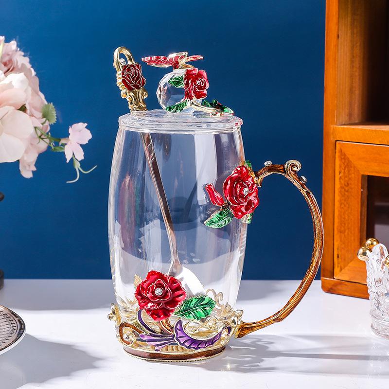 Colored Enamel Flower Glass Tea and Coffee Cup Set for Home and Office