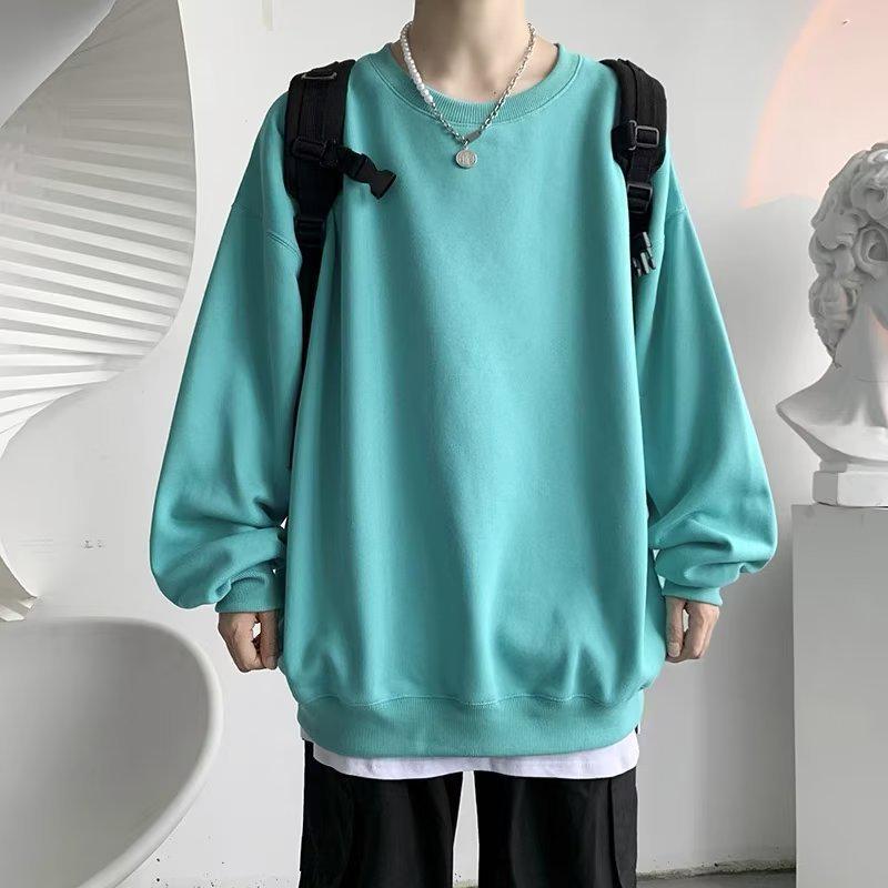 2024 Men’s Hong Kong-Style Solid Color Sweatshirt – Spring/Autumn, Loose Fit, Large Size, Round Neck, Trendy Korean Couple's Top