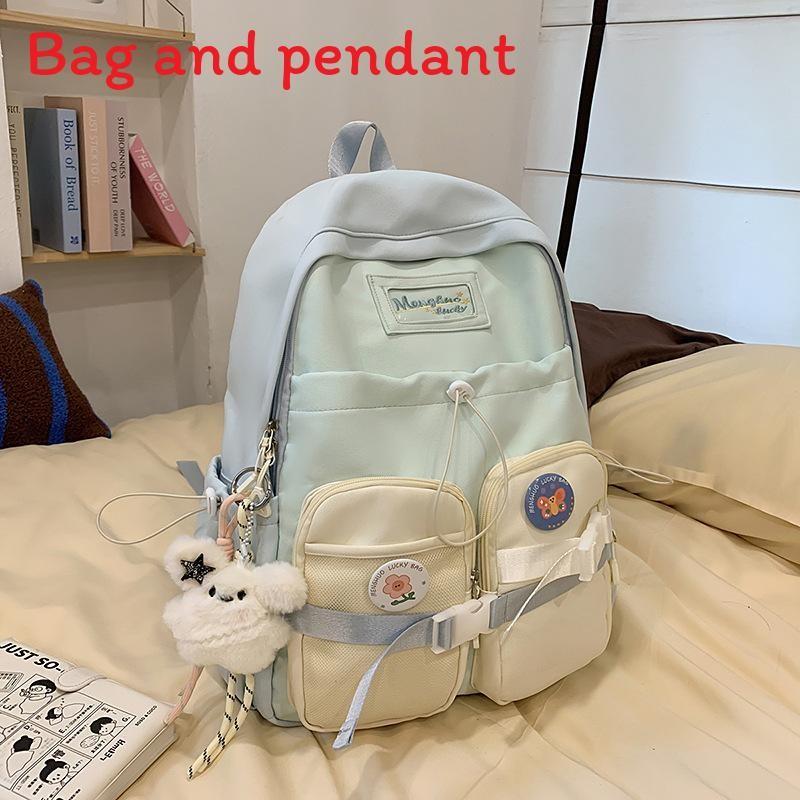 

Simple Color Blocked Letter Drawstring Decor Large Capacity Student Backpack For Teens Green Blue