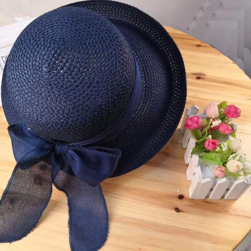 Summer Women's Straw Hat Rolled Edge Bow Breathable Sunscreen Large Eaves Hundred Sun Hat Shading Sun Beach Seaside Foldable