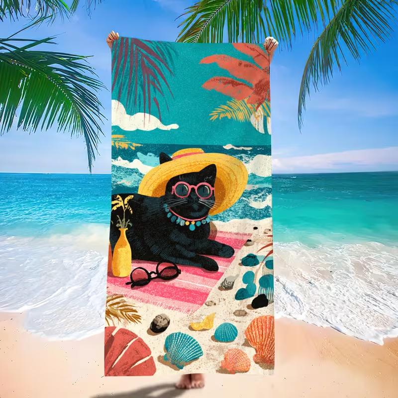 Black Background Snuggling Couple Cat Floral Heart Print Beach Towel Quick Dry Sand Free Towel for Beach Pool Travel