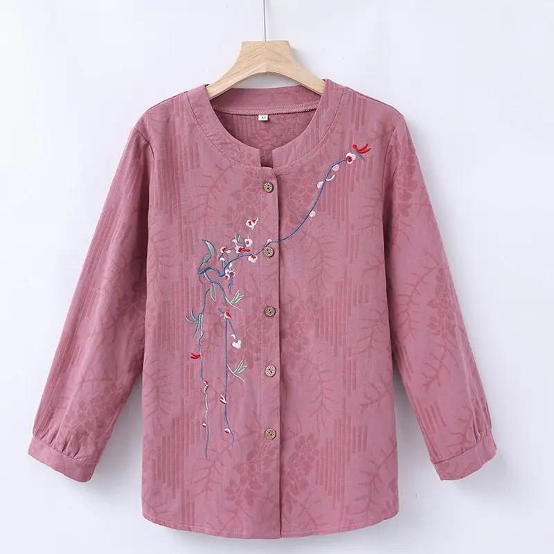 Long Sleeve Round Collar Shirt Grandma Embroidered Cardigan Spring Autumn Pure Cotton Girl Middle-aged Elderly