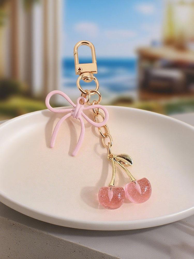 Fashionable Cute Pink Cherry Bow Exquisite Metal Lovers Bag Pendant Accessory Bag Charm