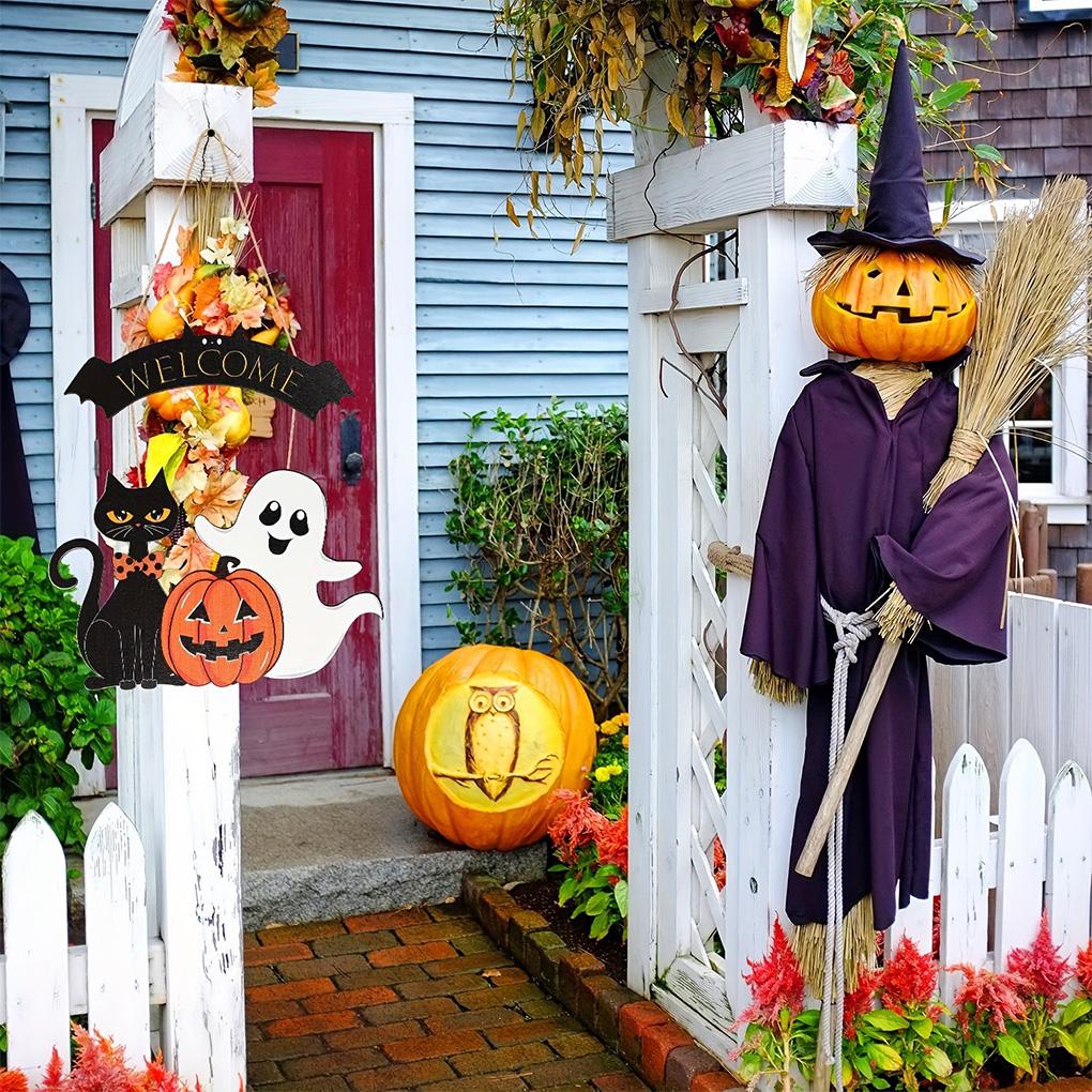 High Quality Halloween Decorative Wooden Sign with Black Cat, Pumpkin and Ghost - "Welcome" Design for Door Hanging