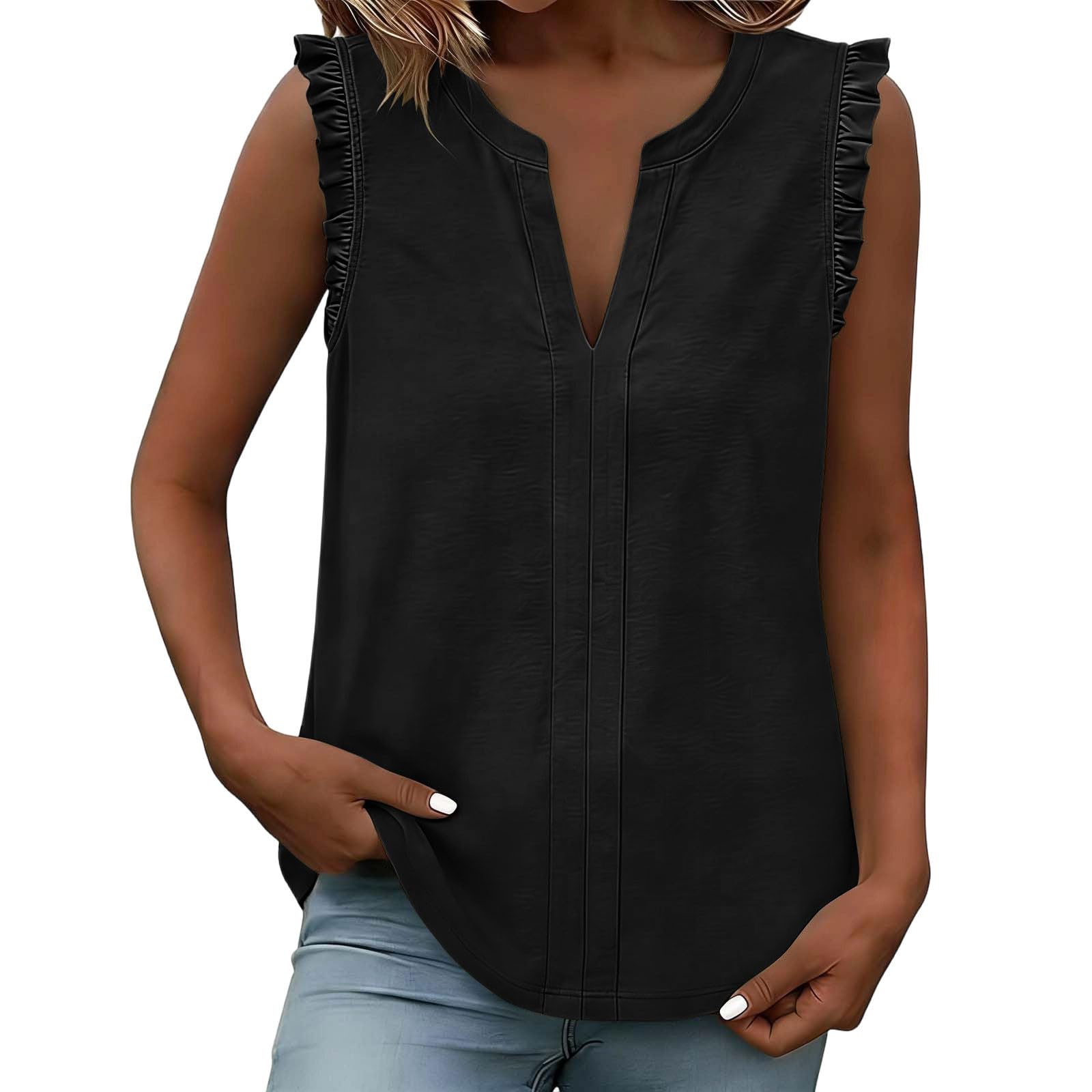 Women s Casual Tops Ruffled Sleeveless Tops Loose V Neck Shirts Pleated Tank Top L чёрный