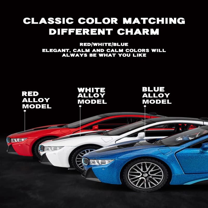 1:32 I8 Slitinový model auta Vysoká simulace Odlévaná hračka se zvukem a světlem Natahovací vozidlo Dekorace hračka Děti Chlapec Dárek Kolekce Ozdoby