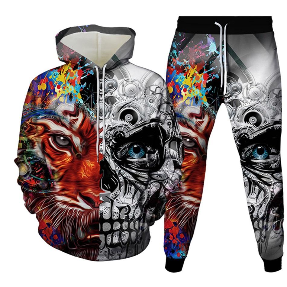 New Men's Tracksuit Sets Goth Punk Skull Fire 3D Printing Hoodies Pants Suit High Quality Skeletons Pullover Streetwear Oversized