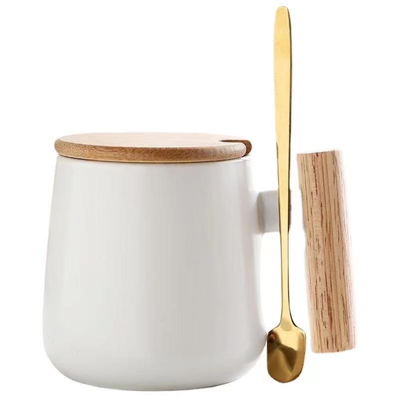 Nordic Ceramic Mug with Lid & Spoon - Wooden Handle, Ideal for Coffee, Office, or Gift with Logo Print.