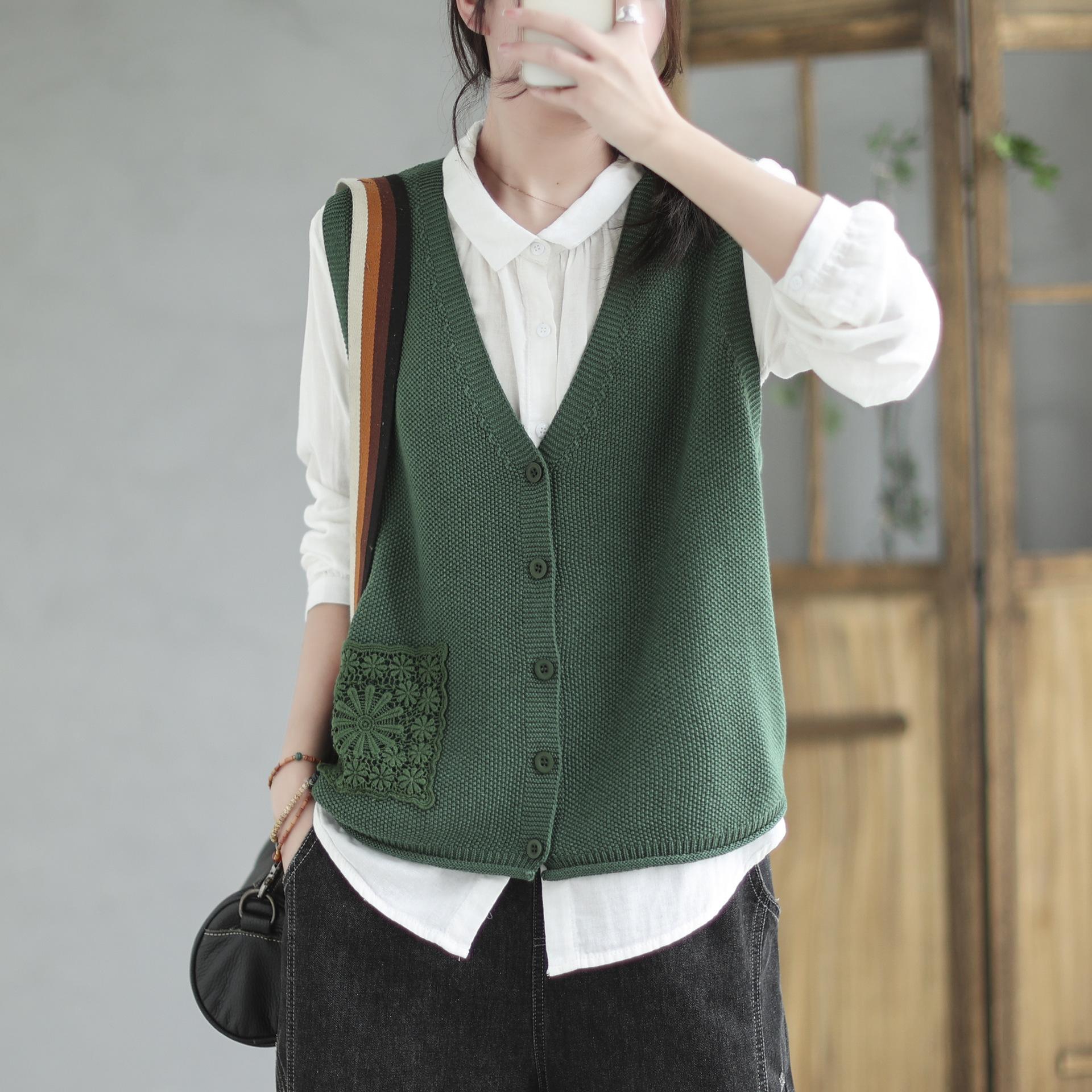 

Женская винтажная вышивка V-образный вырез весна осень однобортная женская одежда повседневный вязаный свитер жилет XL зелёный