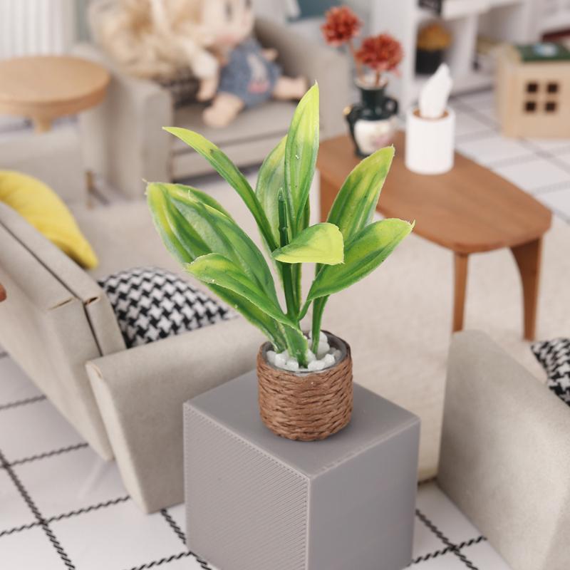 1Pcs 1:12 Scale Mini Artificial Potted Plant Woven Pot Fake Greenery for Dollhouse Micro Landscape DIY