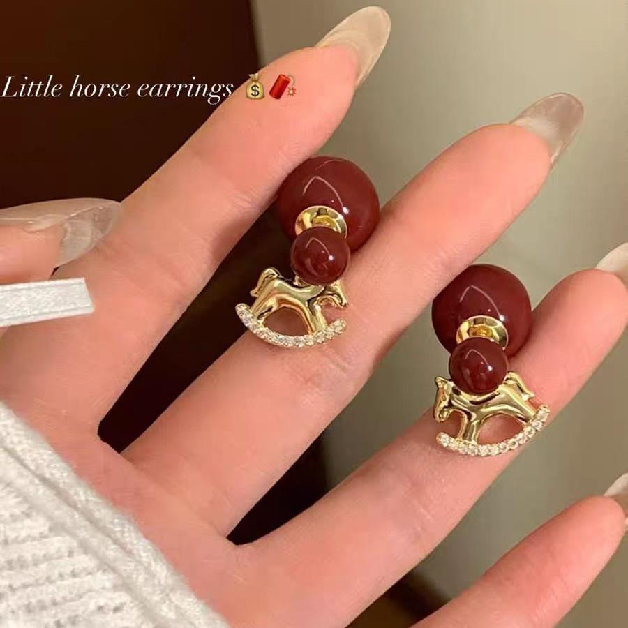 Cute And Playful Pony Red Bead Stud Earrings Women'S Niche Design Sense Earrings Temperament Versatile Earrings