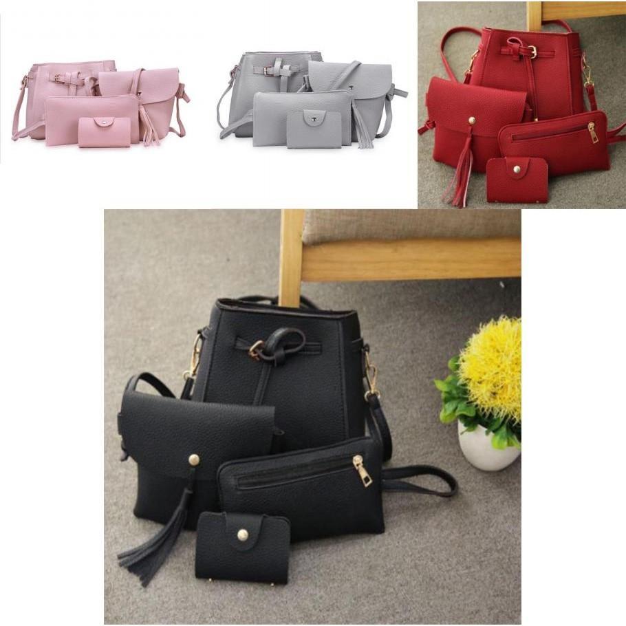 Elegant 4pcs Women Lady Handbag Set In Premium Pu Leather With Adjustable Strap