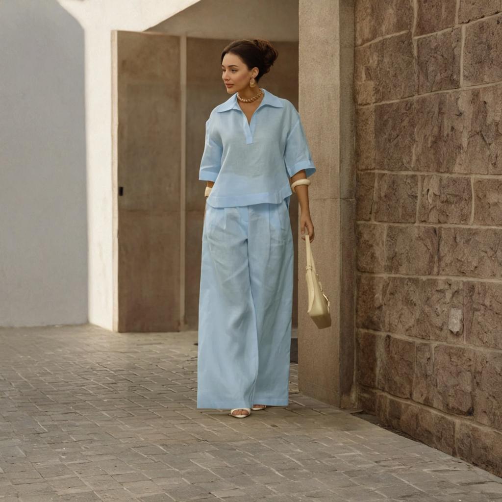 Women's Casual Two-piece Collar Top And Wide Leg Pants Set