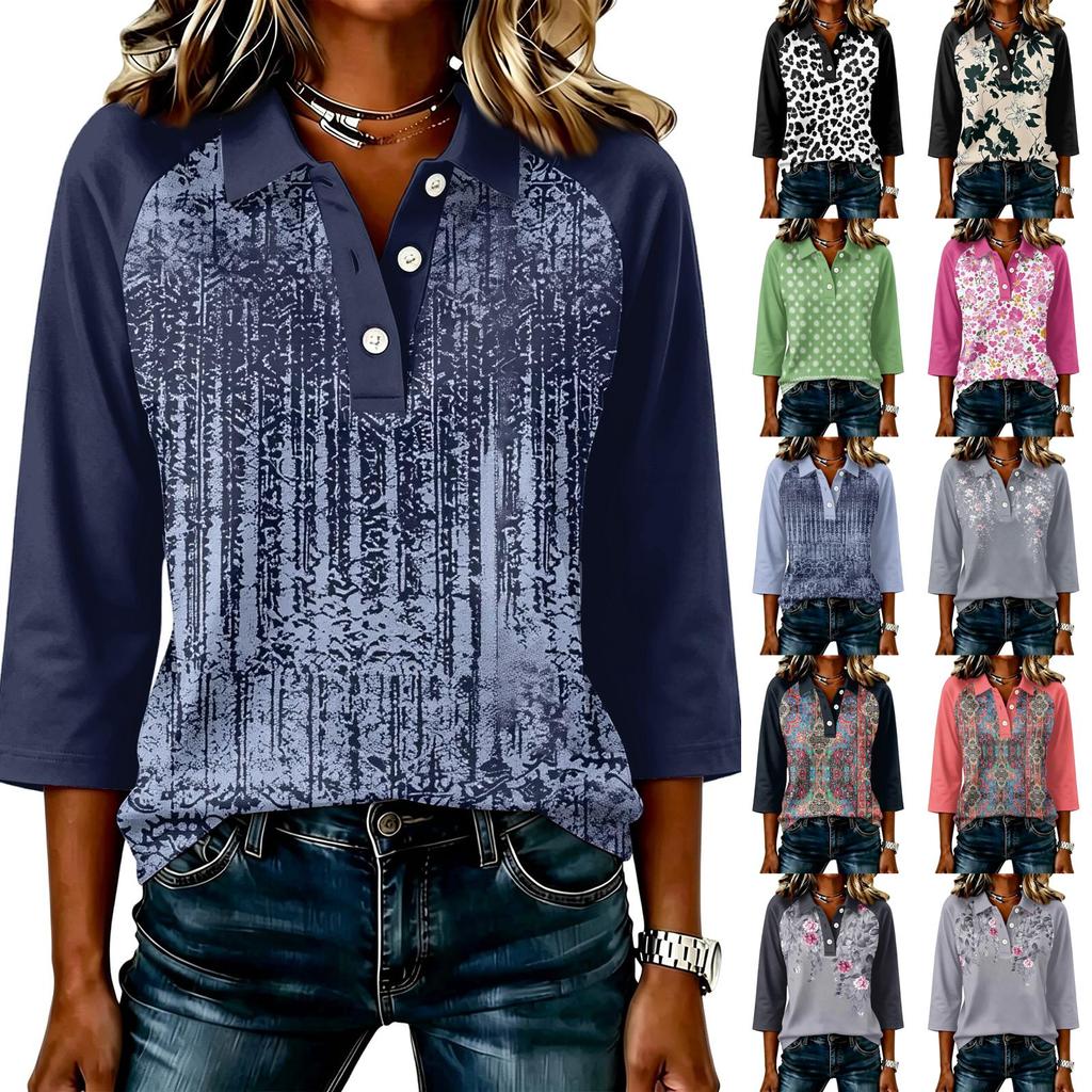 Women's Casual 3/4 Sleeve Patchwork Printed Top Button Down Collar Lightweight Soft Fabric Blouse for Everyday Wear