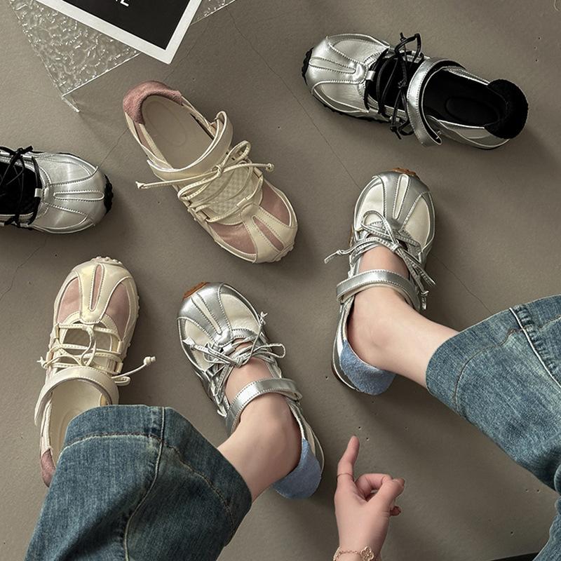 Fashion color matching ballet style inner height increase Velcro German training shoes summer light mouth sports sandals girls flat shoes