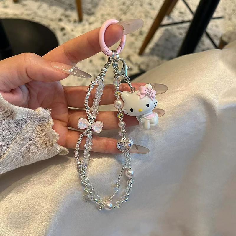 Cute Sanrio Hello Kitty Bow Beaded Phone Chain Lanyard Ccd Camera Charm Accessories Girly Keychain Pendants Anti-Lost Rope Gifts