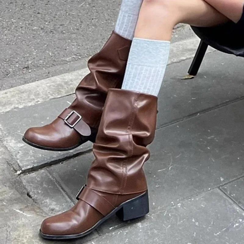 Fashion 2024 New Spring and Autumn Women's Boots Fashion Square Toe Medium Heel Solid Color Glossy Buckle Sleeve Women's High Boots