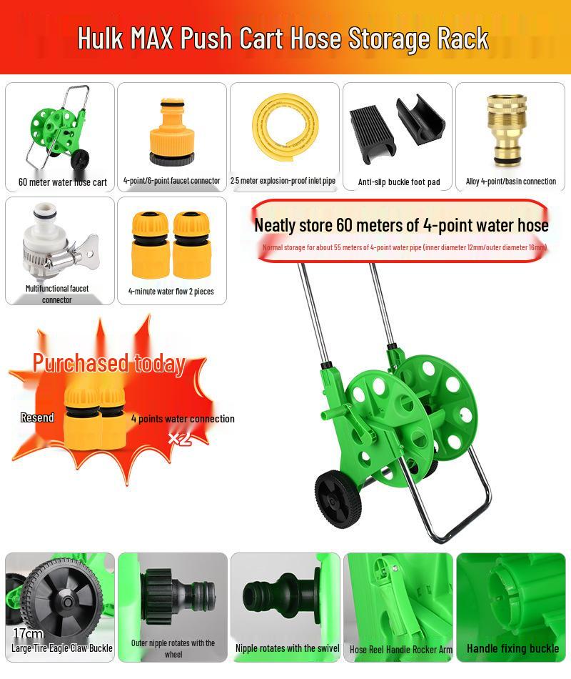 Car Wash Hose Reel & Storage Rack with 25-30 Meter Water Gun for 4 & 6-point Pipes