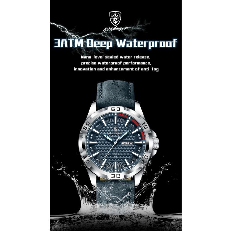 POEDAGAR Original Man Wristwatch Top Luxury Waterproof Luminous Date Week Watch for Men Quartz Sport Leather Watches Reloj