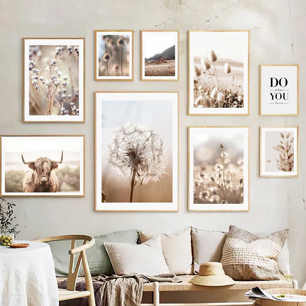 Beige Natural Wall Art Canvas Poster Print Reed Dandelion Grass Cow Canvas Painting Wall Pictures for Living Room Decorative Art