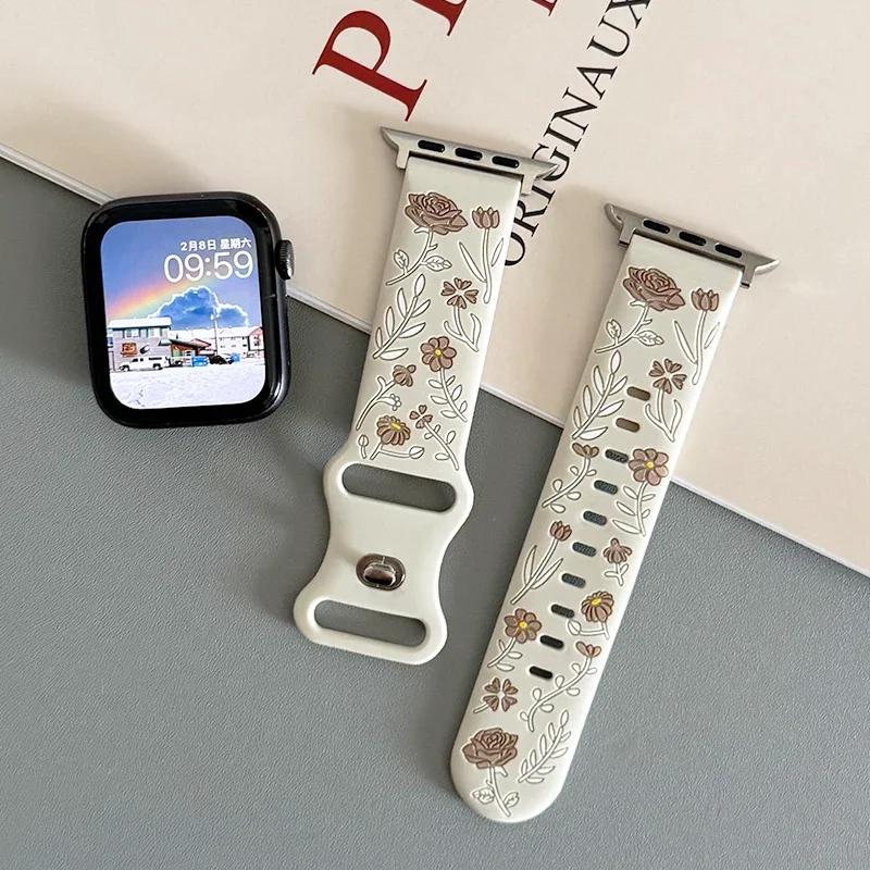 New Floral Engraved Bracelet For Apple Watch Band 44mm 42mm 41mm 40mm 45mm 49mm 46mm Correa Iwatch Series 10 9 7 SE 6 8 Ultra