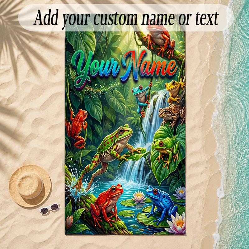Frog Theme Soft Beach Towel Personalized Custom Name Text Towel Portable for Beach Pool Travel