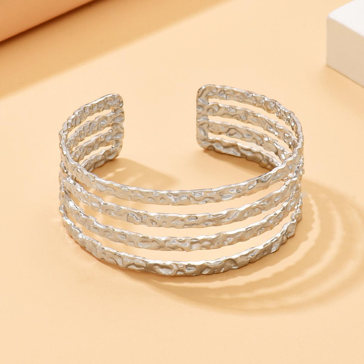 Baroque Irregular Hammered Stainless Steel Open Bangle with Geometric Lines