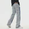 Trendy Herrenhose aus gewaschenem Denim mit geradem Bein und Kontrastnähten im Punk-Stil mit Tintenspritzern und Katzenschnurrhaar-Details