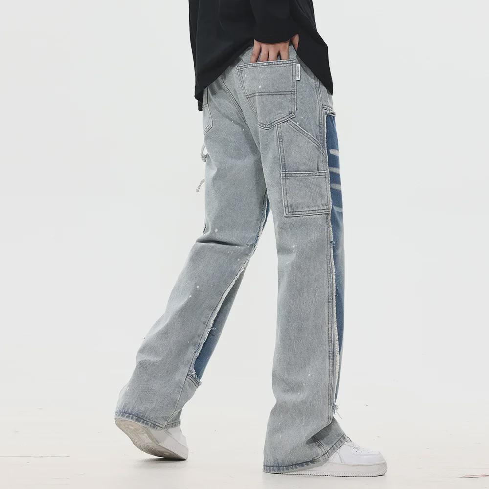 Trendy Herrenhose aus gewaschenem Denim mit geradem Bein und Kontrastnähten im Punk-Stil mit Tintenspritzern und Katzenschnurrhaar-Details