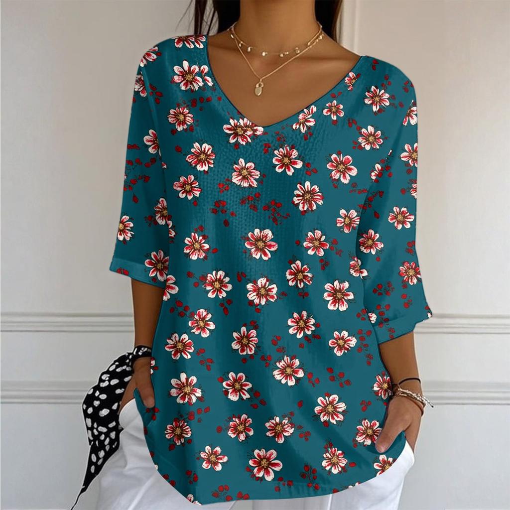 Women's Casual And Fashionable V-Neck Floral Print Seven Quarter Sleeved Top Top