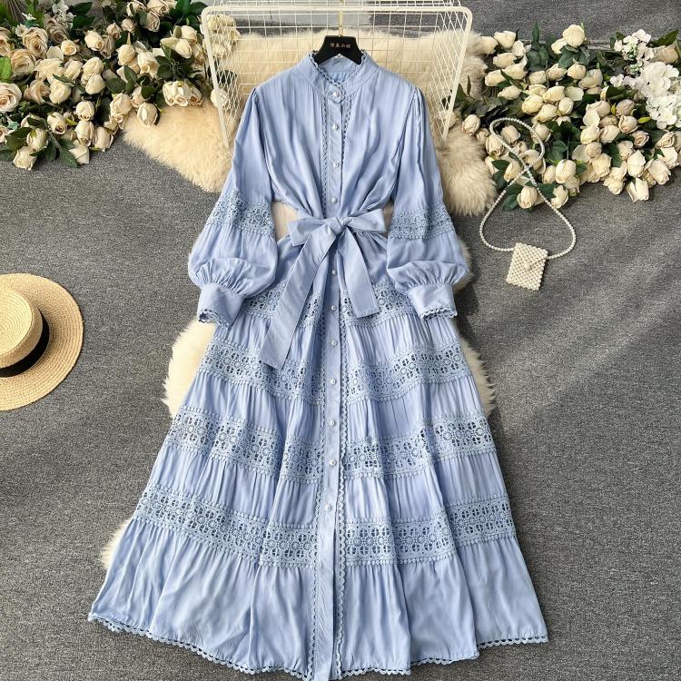 Luxury Party Dress for Women Long Lace Hollow Out Bandage Runway Patchwork Solid Lantern Sleeve Single Breasted Stand Dress