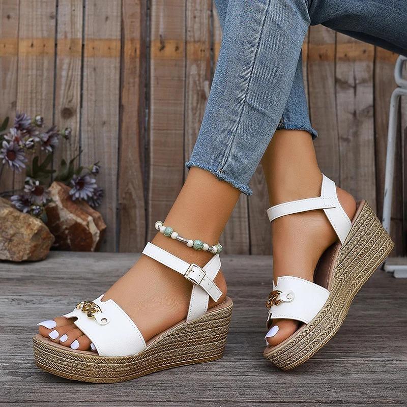 Fashion Fashion Chain Chunky Platform Sandals Women Pu Leather Wedge Heels Sandalias Mujer Summer 2024 Buckle Thick Sole Gladiator Shoes