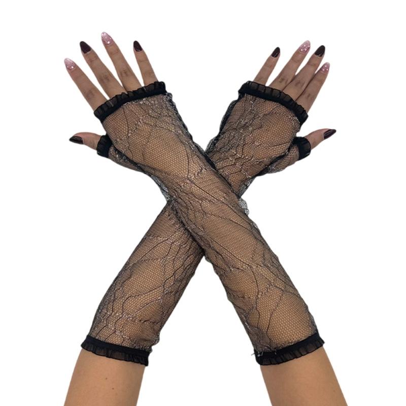 

Halloween Gloves for Women Elegant Sun Protection Fingerless Costume Long Glove Spiders Web Lace Gloves for Women белый