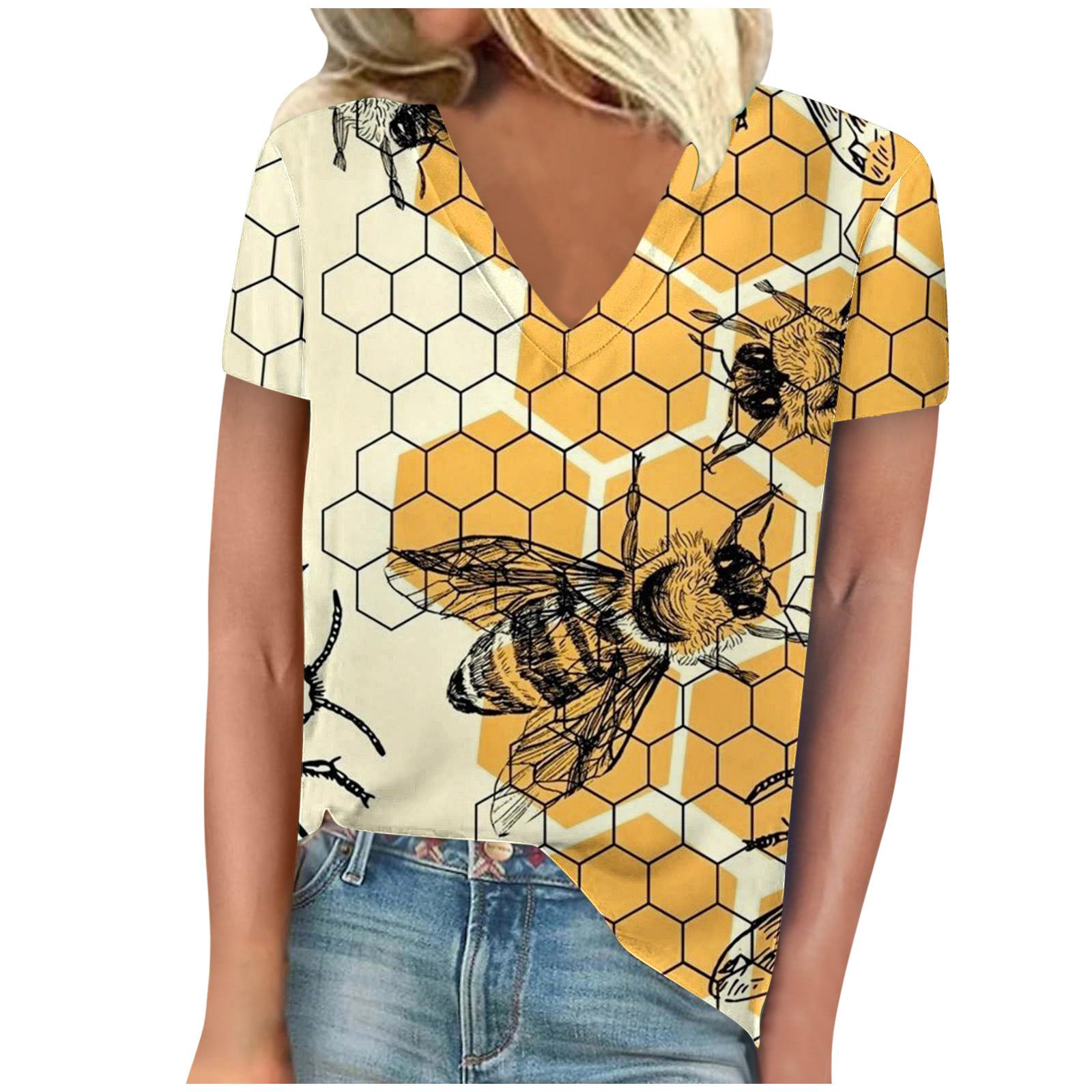 

винтажная женская футболка с принтом пчелы, с коротким рукавом, с V-образным вырезом, удобные футболки S