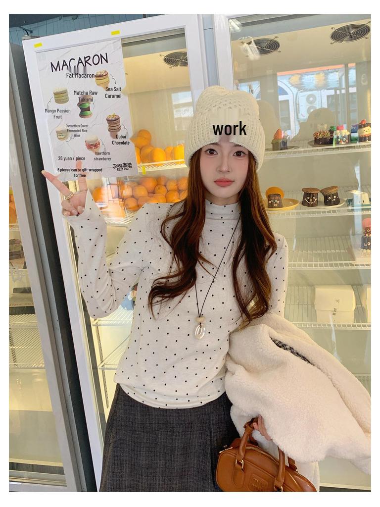 Women's Polka Dot Fleece-Lined Long-Sleeve Base Layer Shirt - Korean Style Winter Top