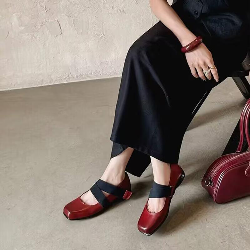 Square Head French Retro Mary Jane Single Shoes Gentle Word with Flat Temperament Evening Breeze Spring and Autumn Small Leather Shoes Evening Shoes