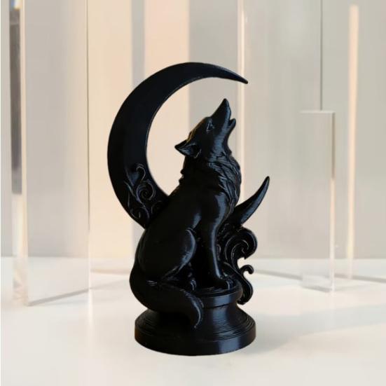 3D Printed Howling Wolf Sculpture with Crescent Moon Base, Matte Black Finish Collector Art, Gothic Black Statue for Bookshelf Desk