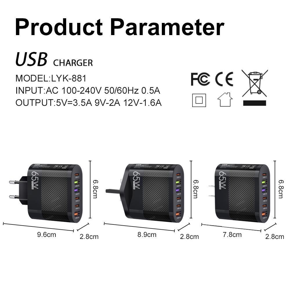3.5A Multi-Port Charger with 3 Type-C & 3 USB Ports, Compatible with EU, US, UK Plugs