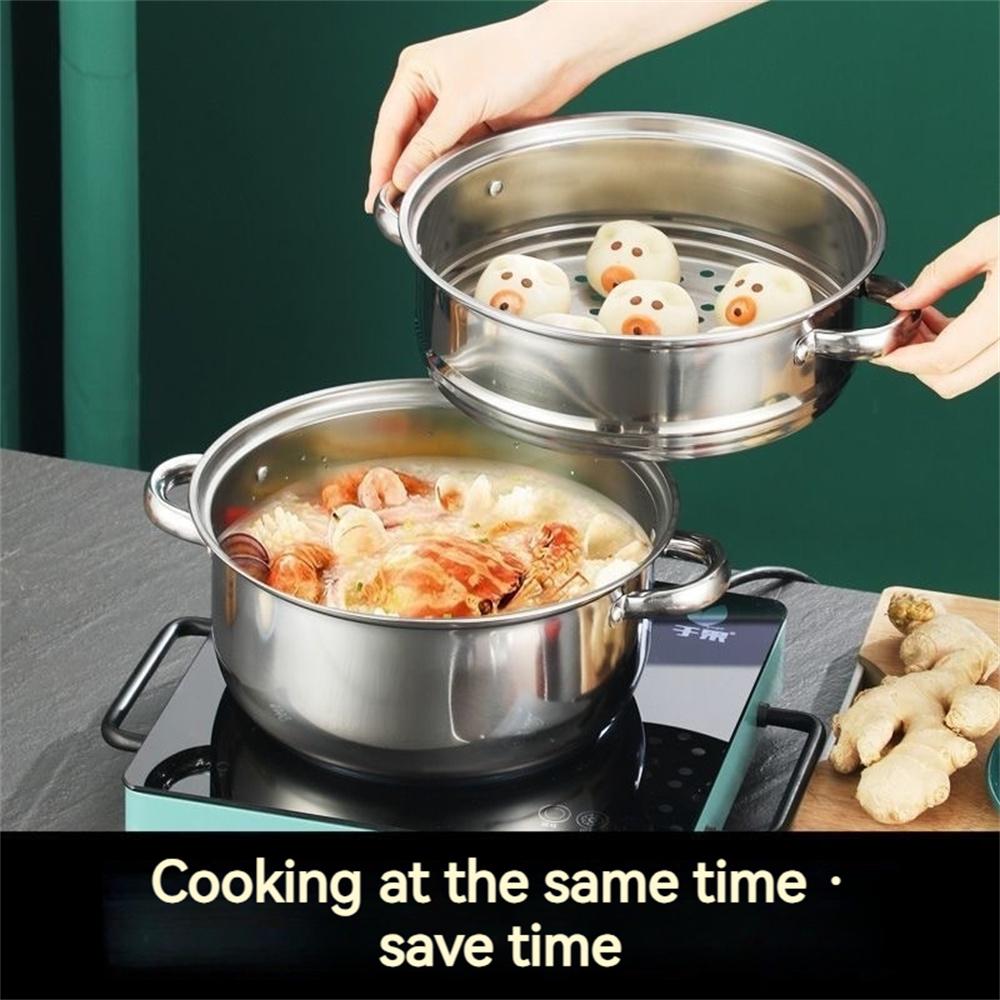 Heat resistant cooking utensil 9.45-inch large stainless steel steamer and soup pot 2-in-1, durable, suitable for induction cook